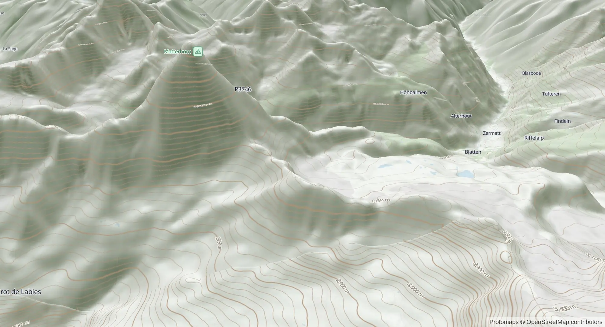 The Matterhorn and Zermatt in 3D with contour lines