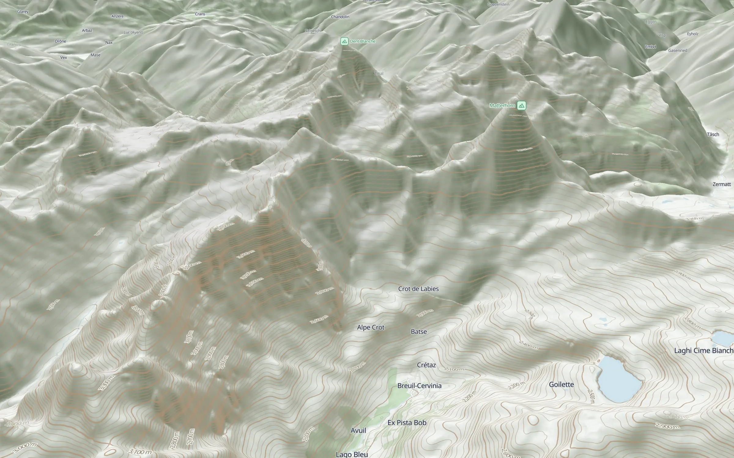 The Matterhorn in 3D terrain, seen from Italy
